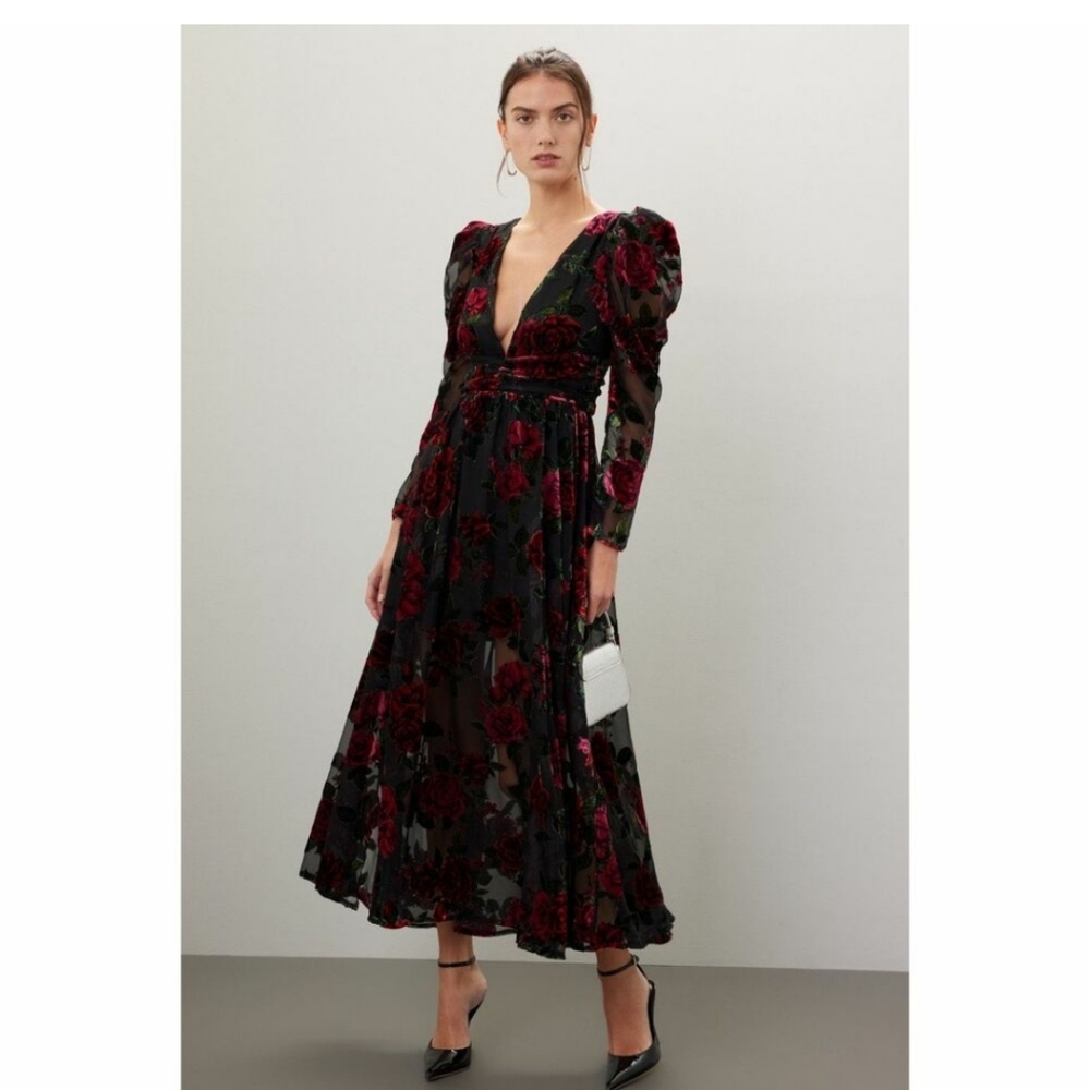 Rachel Parcell black velvet dress with red rose pattern size 14